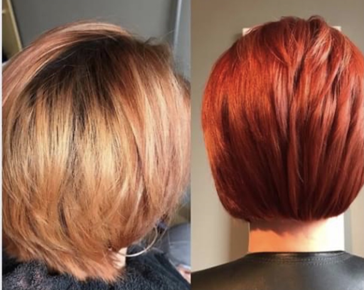 Voor en na: uitgegroeid blond haar en hetzelfde kapsel in een warme koperrode kleur